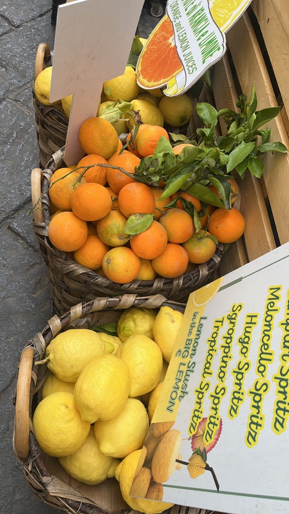 Baskets of oranges and lemons at a market stall